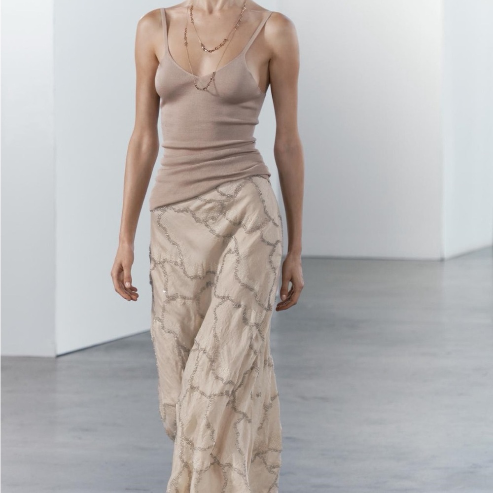 NWT ZARA EMBROIDERED BEADED SKIRT ZW COLLECTION BEIGE SIZE SMALL